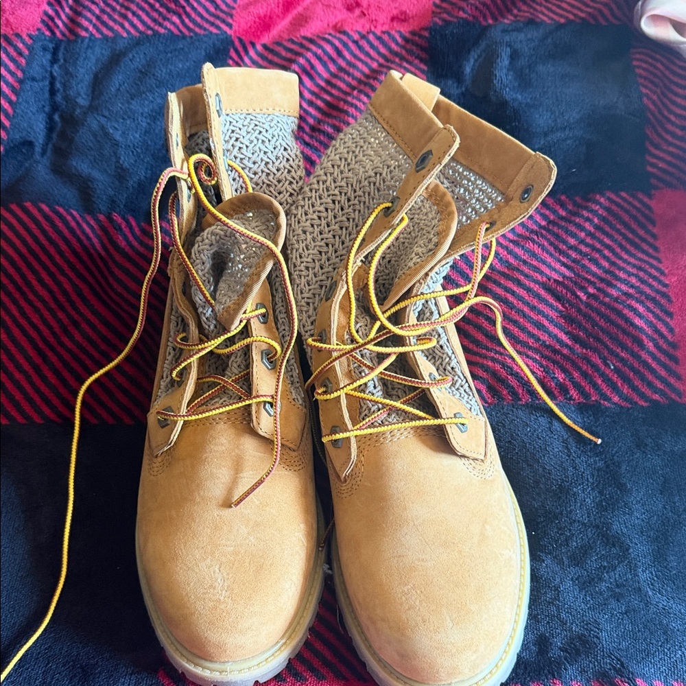 Timberland Tan Knit Shoes with Orange Accents